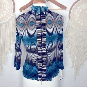 Joseph ribkoff teal black and white abstract print 3/4 sleeve zip top/cardigan